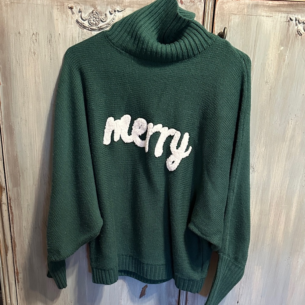 Green Turtleneck Sweater with 'Merry' Embroidery